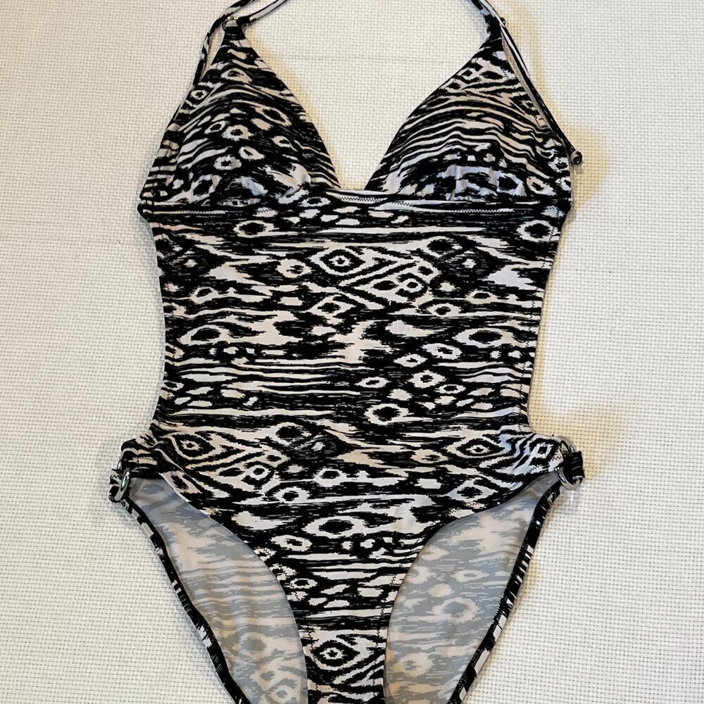 Marie Meili Black & White Tie Back One Piece Silver Accents Swimsuit Size Medium